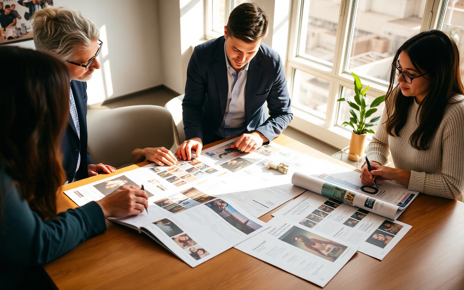 Communications staff reviewing printed annual report pages with photographs and charts on a table