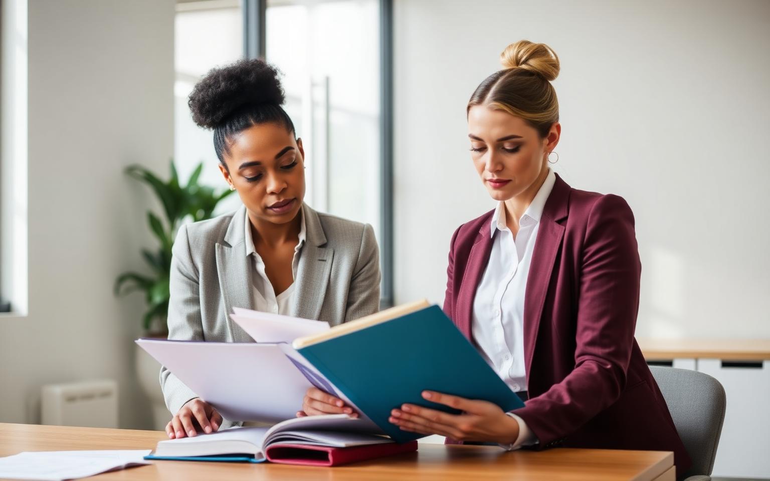 Two agency administrators reviewing organizational documents together at a desk in a modern office