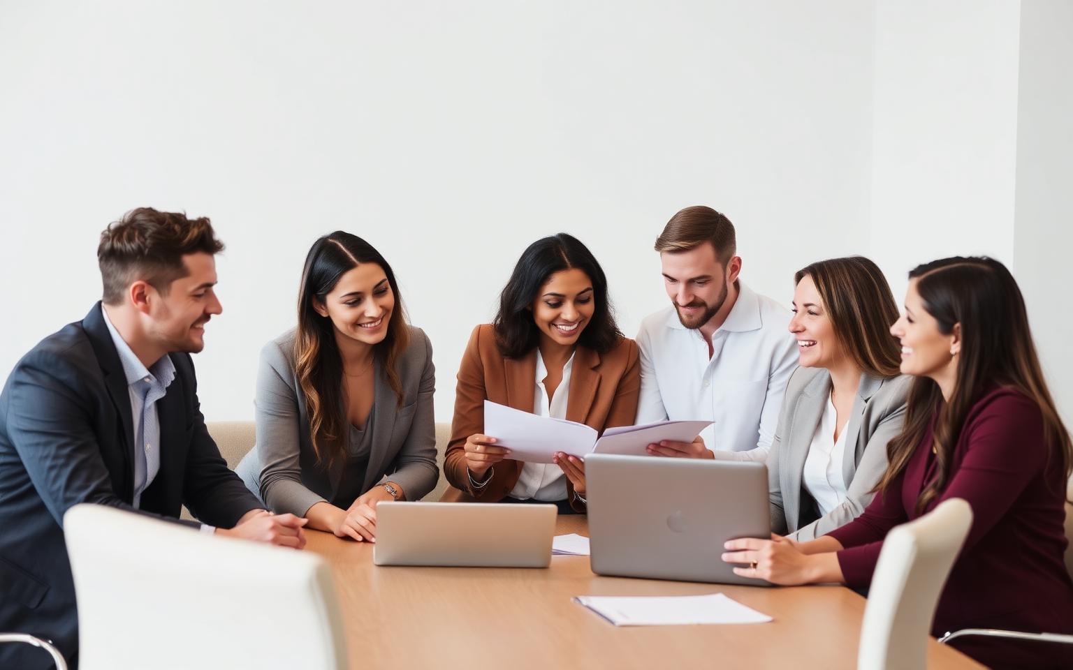 Human resources and finance leaders discussing compensation planning documents in a conference room