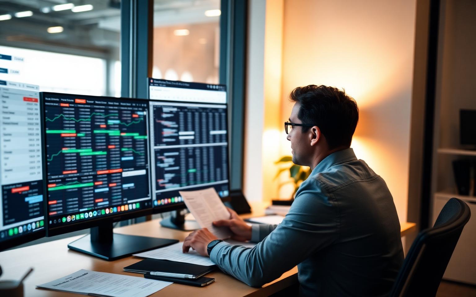 Finance manager reviewing compensation planning spreadsheets and printed budget pages at a desk