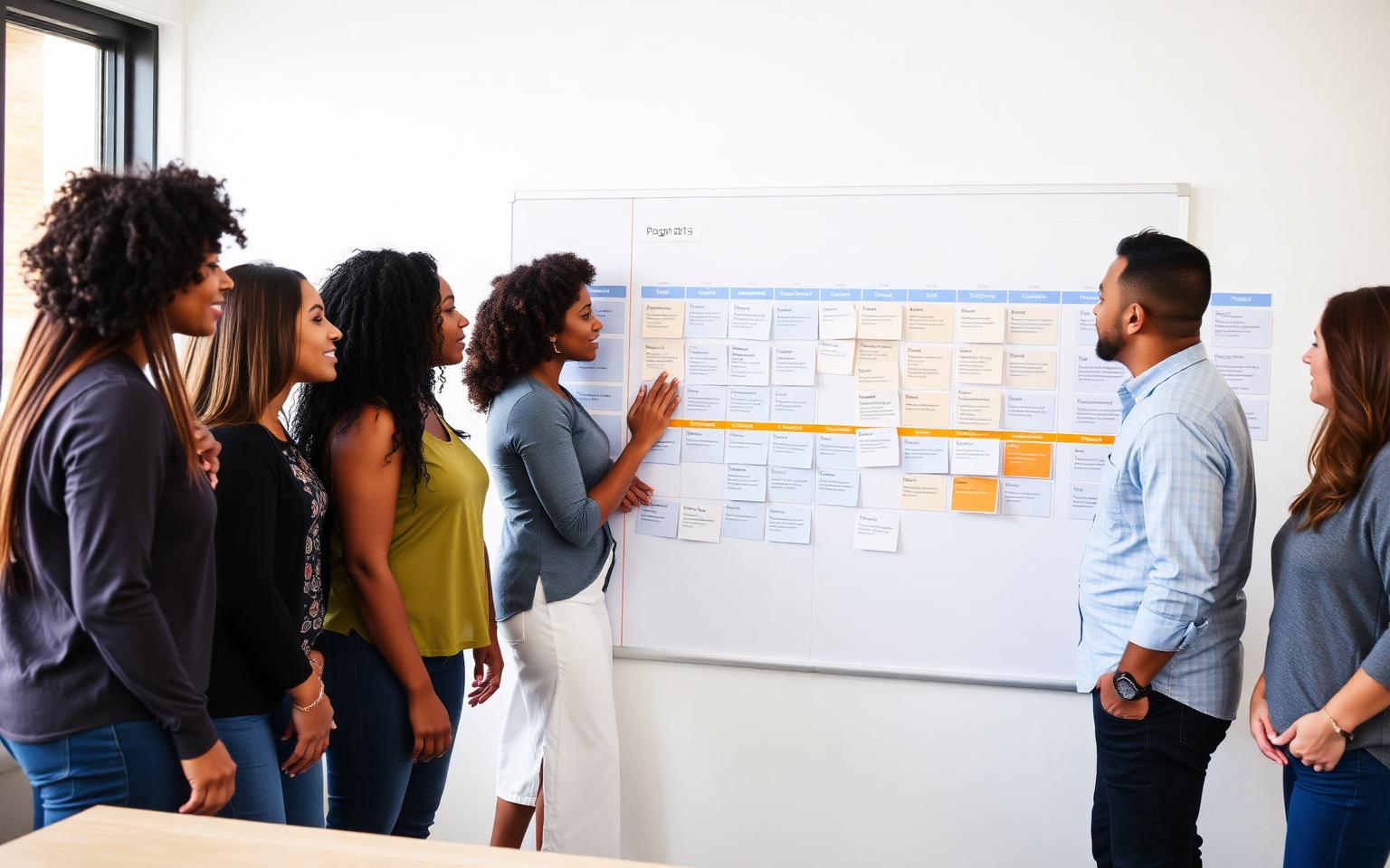 Program team reviewing an annual activity timeline with milestone cards on a wall planner